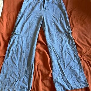 Sincerely Jules Light Blue Wide-Leg Cargo Pants, L, Linen Blend